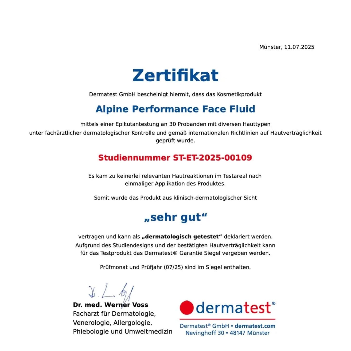 Dermatest-Zertifikat für „Alpine Performance Face Fluid“, Bewertung „sehr gut“, dermatologisch getestet, Studiennummer ST-ET-2025-00109