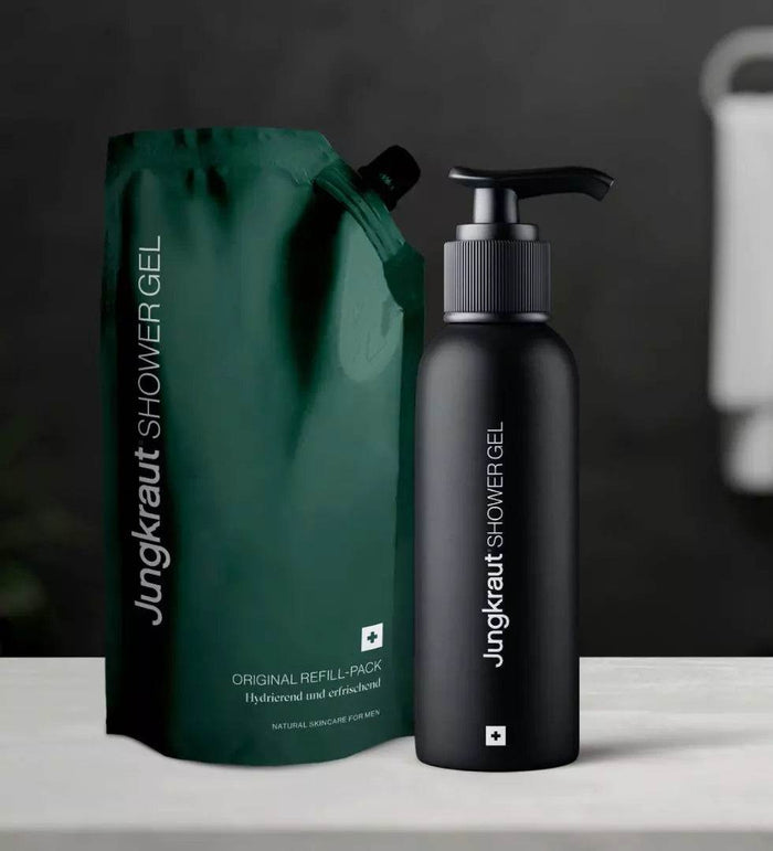 Jungkraut natürliches Refill-Duschgel in nachhaltiger Aluminiumflasche für Kraut-Funding Crowdfunding Kampagne