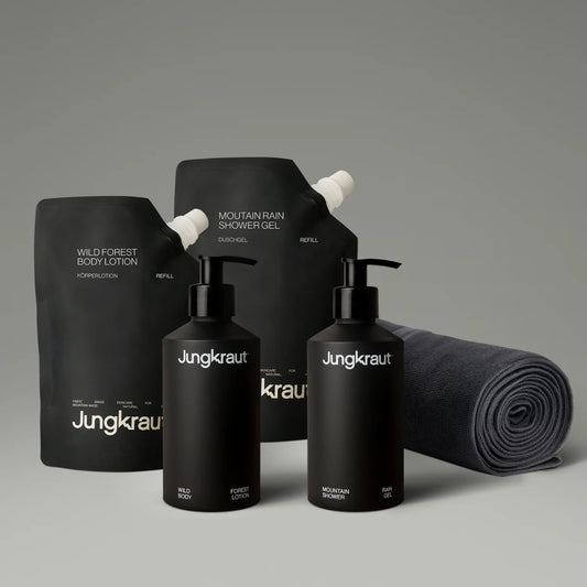 Essential Body Care Set with Swiss NatureTECH formula, refillable aluminum bottles, and free microfiber cloth