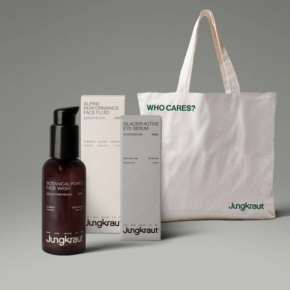 Essential Face Care Set with 3-step cleansing, moisturizing, and optimizing system in a limited edition Swiss Alps travel bag